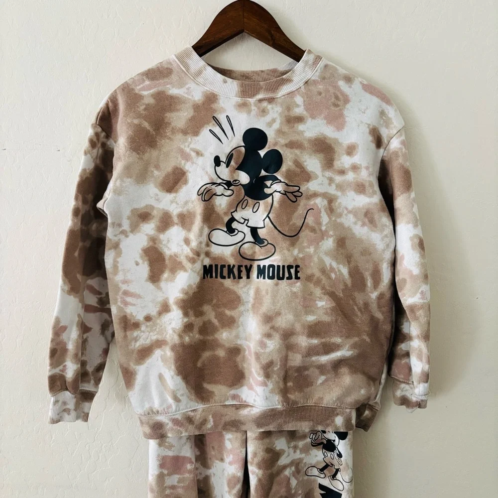 Mickey Mouse Kids Tie-Dye Sweatshirt and Pants Set Tan White Size 12 /‎ 14